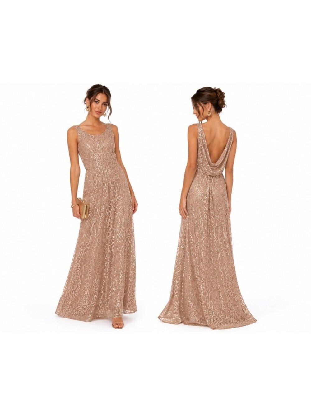WTOO BY WATTERS maxi dress rose gold sequins 10 party cocktail elegant formal